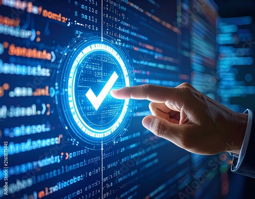 Hand touching glowing checkmark on digital screen with data code in the background