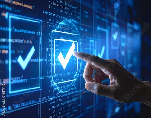Hand touching glowing checkmark on digital interface, surrounded by code