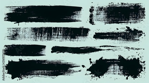 Grunge Roller Brush Stroke Vector Texture Set. Grunge roller brush stroke set on a pale mint background with rough paint textures, splatter edges. Linocut Brayer Roller Ink Texture Set. 