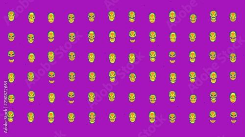 Colorful tiny pixelated human skull symbols bouncing animation