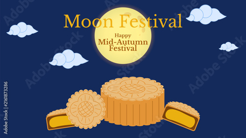 Mid Autumn Festival Moon Rabbit Lantern Greeting moon rabbit full moon Chinese lantern mooncake cloud traditional element for greeting card banner poster seasonal design vector illustration.