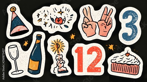 Happy birthday halftone collage cut outs set. Funny stickers with vintage dot texture and doodles. Party hat, cheers hands, champagne, cake, candle, numbers. Modern retro vector illustration