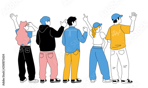 後ろ姿でポーズをとる5人の若者が並ぶ線画調のバナーイラスト