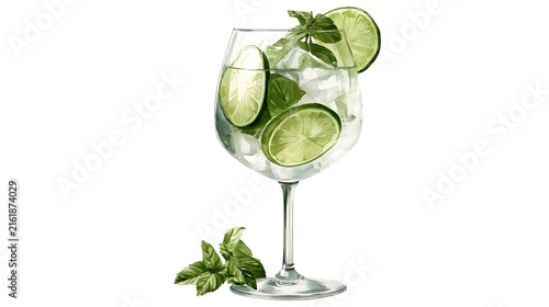 isolated watercolor illustration of a hugo or lime spritz with mint in a wine glass on white background background Stock Illustration