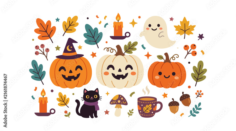 Fototapeta premium Cute Halloween icons featuring pumpkins and ghost
