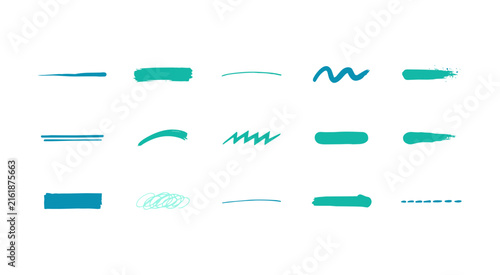 Set of fifteen teal and blue paint brush strokes and textures isolated on a white background, for and digital projects