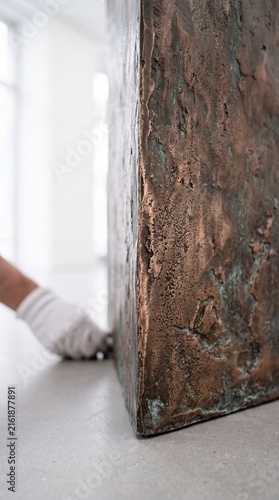 Art handler in white glove installing a textured bronze sculpture on a gallery floor