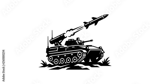 Military tank vehicle firing a guided missile.
