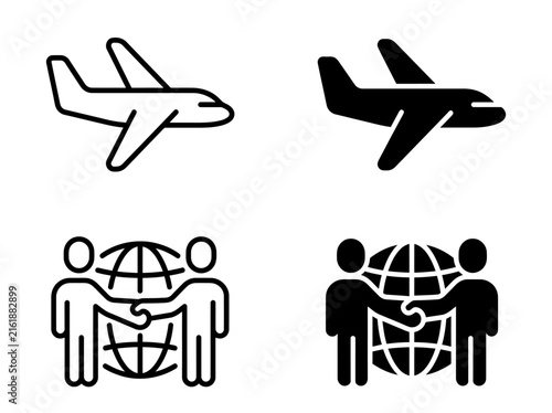 Minimalist linear vector graphic of an airplane orbiting the planet earth