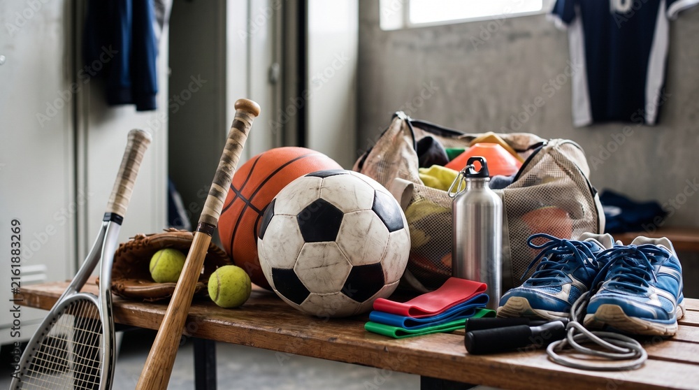 Fototapeta premium Sports equipment including balls, racquets, bats, shoes, and a gym bag in a locker room setting