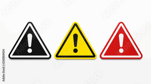 Set of triangular warning signs with exclamation marks in black, yellow and red on white background