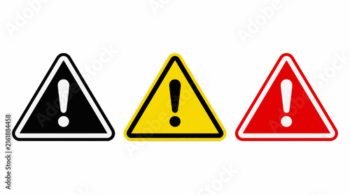 Set of black yellow and red triangular warning signs with exclamation mark on white background