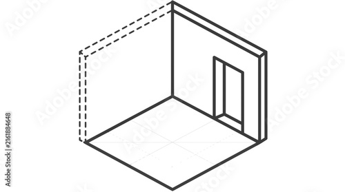 Isometric outline of empty interior room with open doorway and missing wall for architectural floor plan design