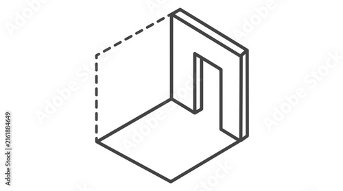 Minimal isometric outline of interior room with open doorway and dashed wall for architectural concept