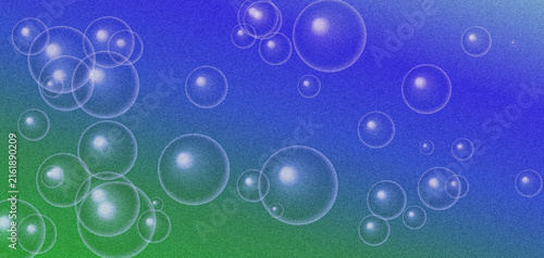 Vibrant blue green bubble background features grainy noise and bright circles.