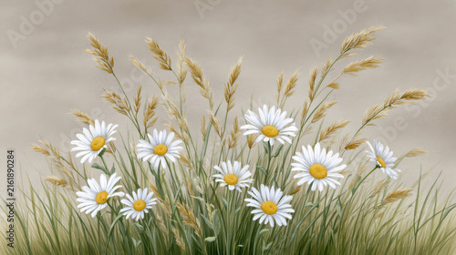 A field of daisies with tall grasses and a soft, muted background. The flowers are white with yellow centers, and the grasses are golden and green