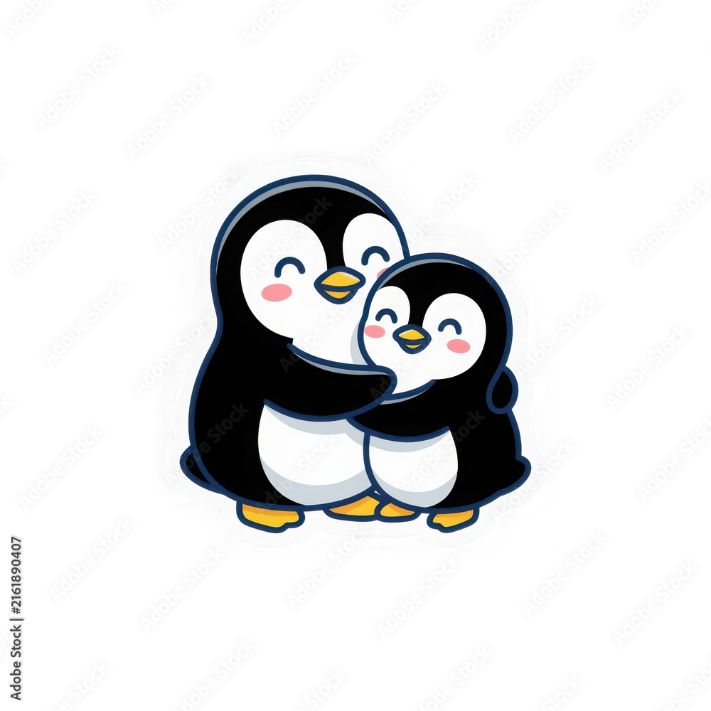Fototapeta premium Two cute penguins hugging isolated on transparent surface