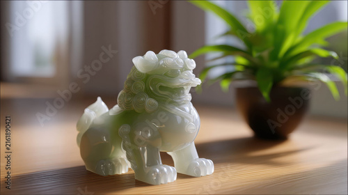 A jade statue of a mythical lion sits on a wooden surface near a potted plant