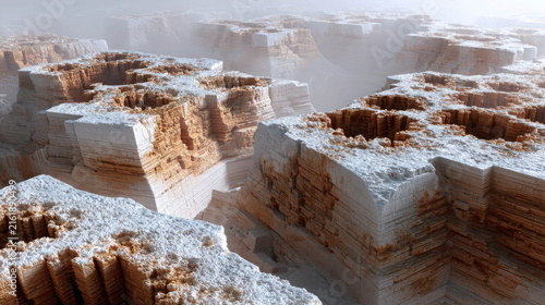 Surreal alien landscape with layered rock formations and ethereal mist, resembling a canyon or otherworldly terrain
