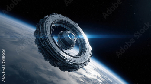 Futuristic space station orbiting Earth with advanced technology and a glowing blue light. The station has a complex, metallic structure and is set against the backdrop of the planet's atmosphere