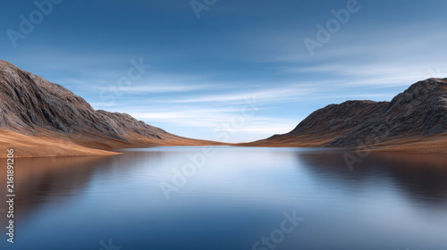 A serene mountain lake reflecting a clear blue sky with wispy clouds. The vast expanse of water is surrounded by rugged, arid mountains under a tranquil sky, creating a breathtaking natural landscape