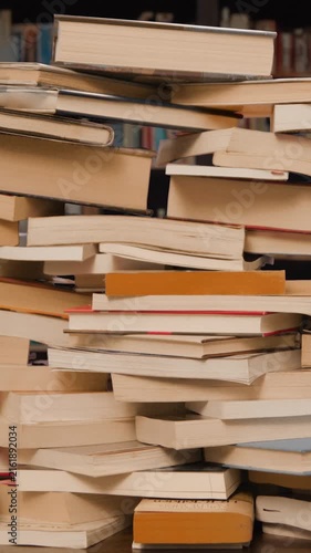 Books Pile Build Stop Motion Loop in Library vertical video