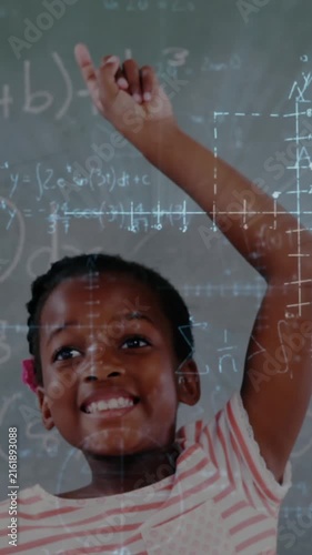 Schoolchild raising his hand with mathematical information 4k