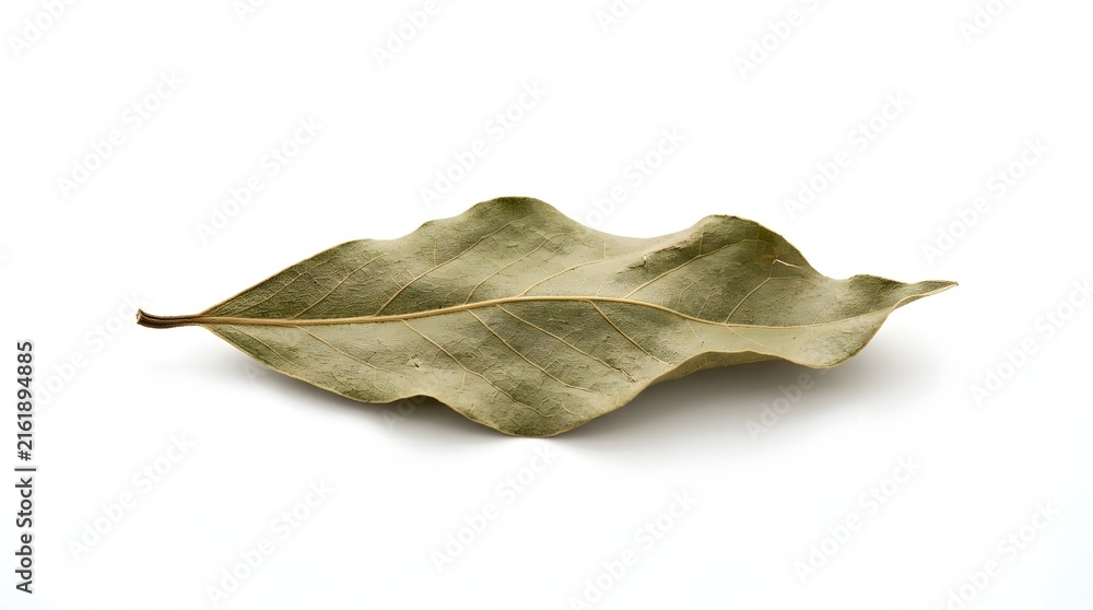 Fototapeta premium Single dried bay leaf on white background, aromatic culinary herb for seasoning and flavor