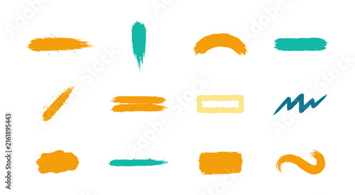 Collection of hand drawn brush strokes in orange and teal colors isolated on a black background, for and text highlighting