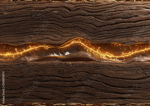 Dark wooden texture with vibrant purple and blue glowing crack