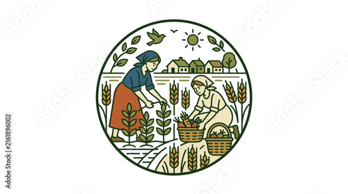 Konstfotografi Circular Illustration of Women Harvesting Crops in a Rural Farm Landscape 1