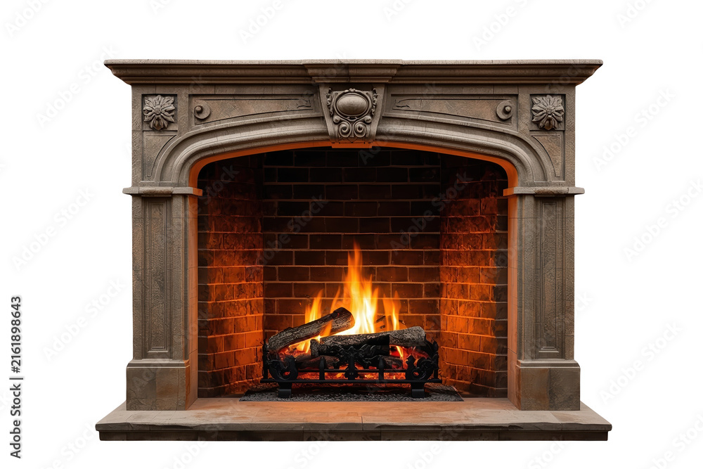 Fototapeta premium Ornate stone fireplace with bright burning flames