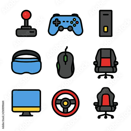 Set of colorful gaming icons including joystick and VR headset