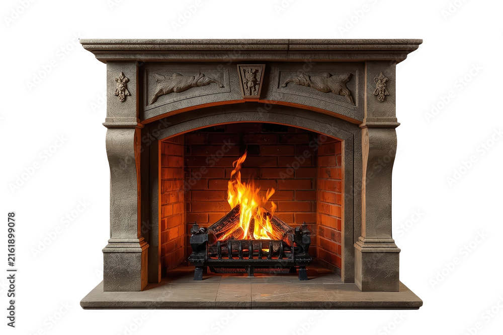 Fototapeta premium Traditional stone fireplace with glowing fire