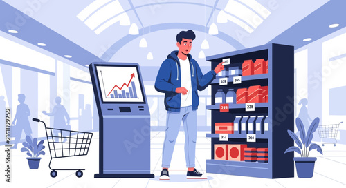 Young man choosing products in a modern supermarket aisle.