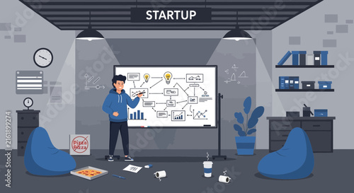 Young man presenting business strategy on whiteboard in startup office.