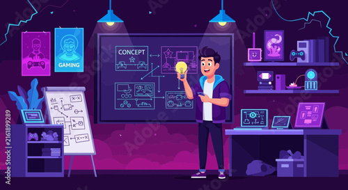 Young man holding a glowing lightbulb with a new idea.