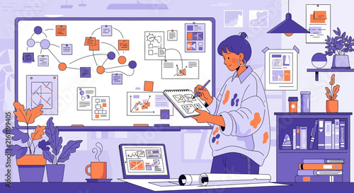 Young woman working on digital tablet in office.