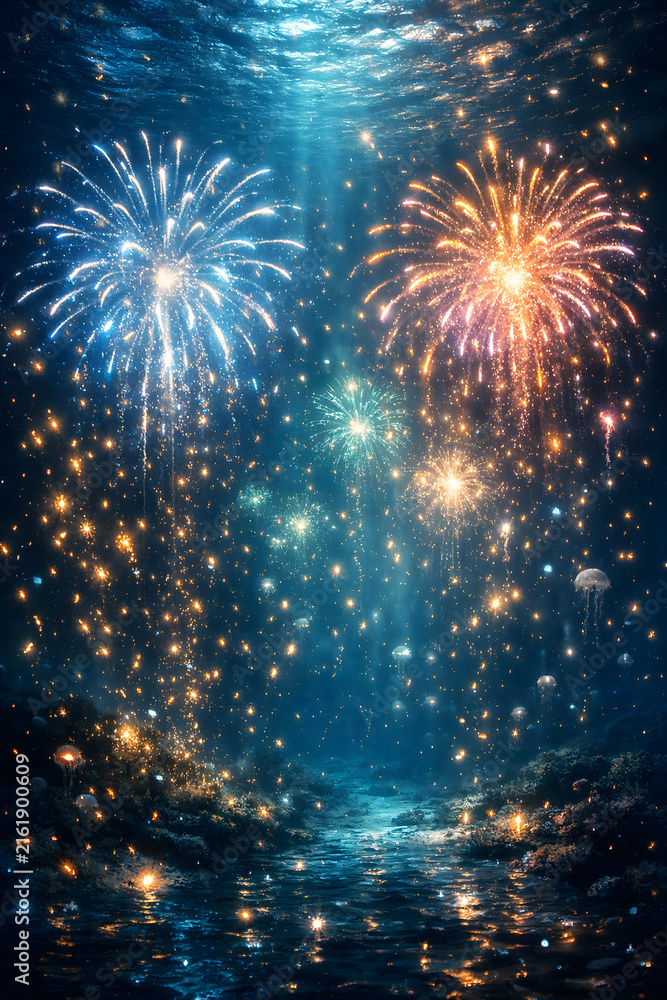 Fototapeta premium Fantasy underwater glowing fireworks explosion with bioluminescent plankton and sparkling light particles in deep ocean, magical undersea party concept