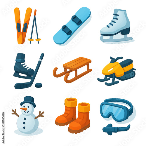 Winter sports equipment icons set with snowman and accessories