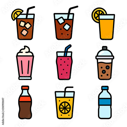 Colorful Set of Nine Beverage Icons with Straws and Bottles