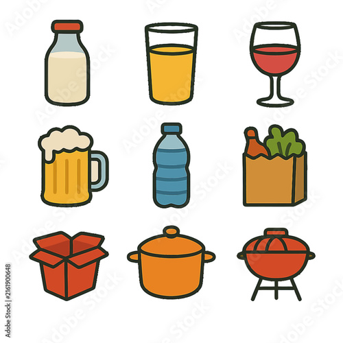 Colorful icons of beverages and food items in a flat style