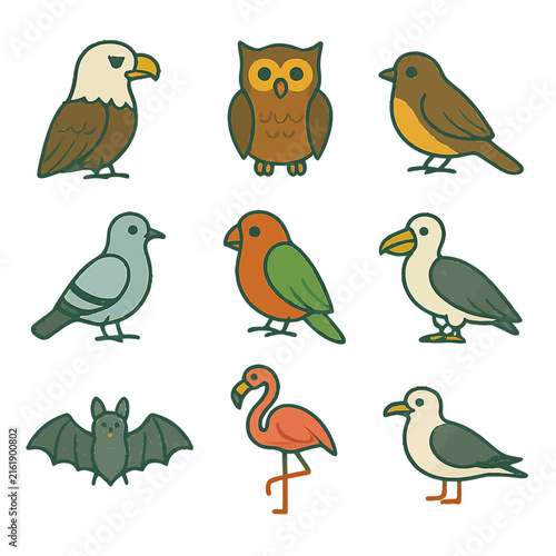 Colorful vector illustration of various cartoon birds in flat design