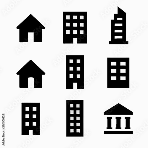 Set of black building icons on a white background