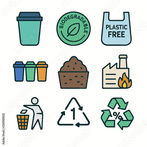 Eco-friendly recycling and sustainability icons set for environmental awareness
