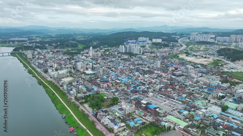 Aerial Drone View of Han River Waterfront and Cityscape in Yeoju, Gyeonggi-do, South Korea