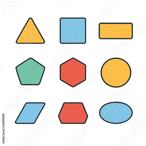 Colorful geometric shapes set with outline on white background