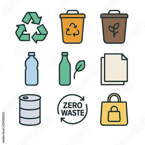Eco-friendly recycling and zero waste icons for sustainability