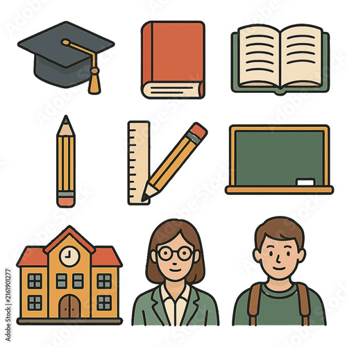 Educational icons set with school elements and student characters