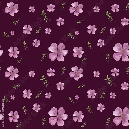 Watercolor Pink Flowers and Green Leaves Seamless Pattern – Dark Purple Background